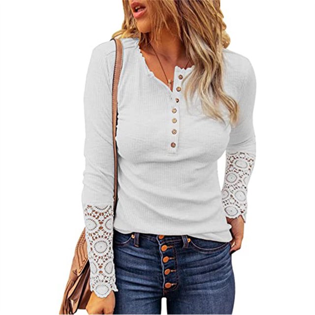 Camiseta de manga larga con cuello redondo para mujer, ropa informal ajustada con botones y costuras de encaje, Color liso, para otoño e invierno, nueva