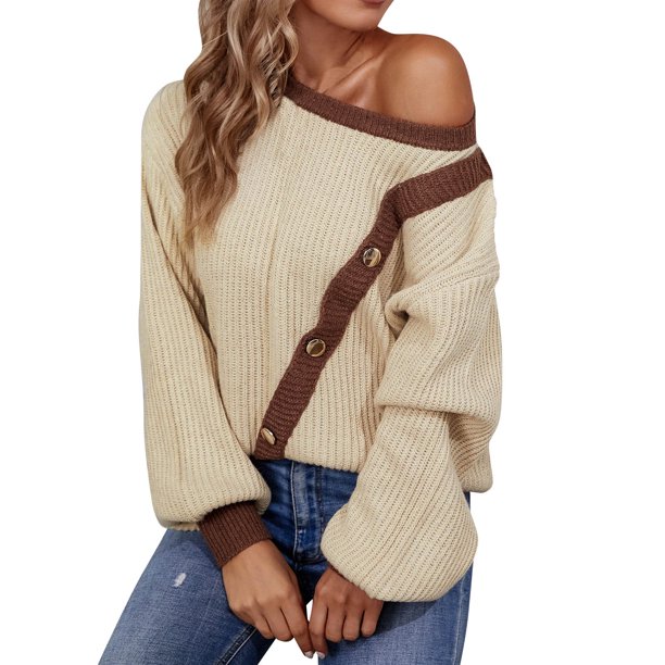 Top Suelto Gibobby de Manga Larga Suéter de Mujer Botón de Color en Contraste Cuello Redondo Caqui XL