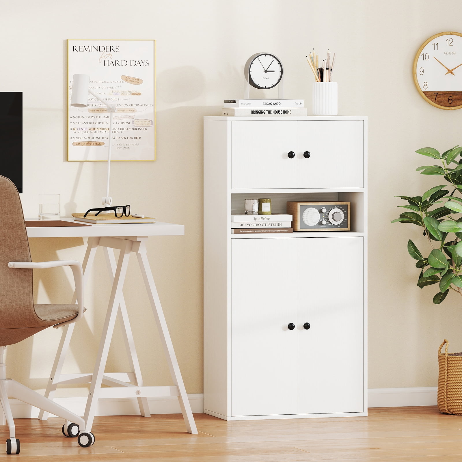 Gymax 44'' Tall Bookshelf w/Doors & Adjustable Shelf for Study Living Room Dining Room