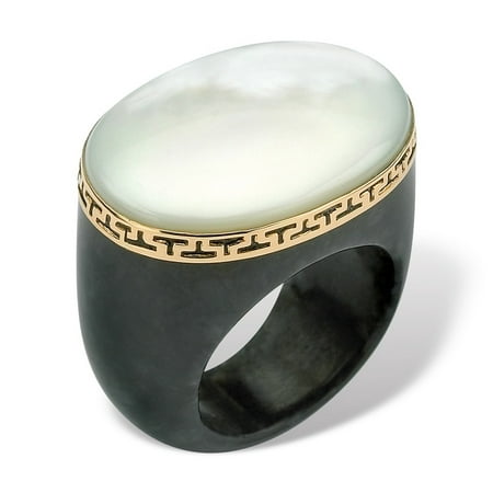 - Oval-Shaped Mother-Of-Pearl Black Jade Greek Key Ring in 14k Gold