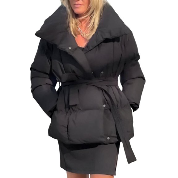 Women'S Stand Collar Cotton Padded Coat with Belt for Warmth Waist Tie Pockets Winter Jacket Black S