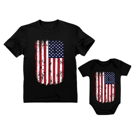 

4th of July Vintage USA Flag Patriotic Shirts Father & Baby Matching Set Outfit Dad Black X-Large / Baby Black 12M (6-12M)