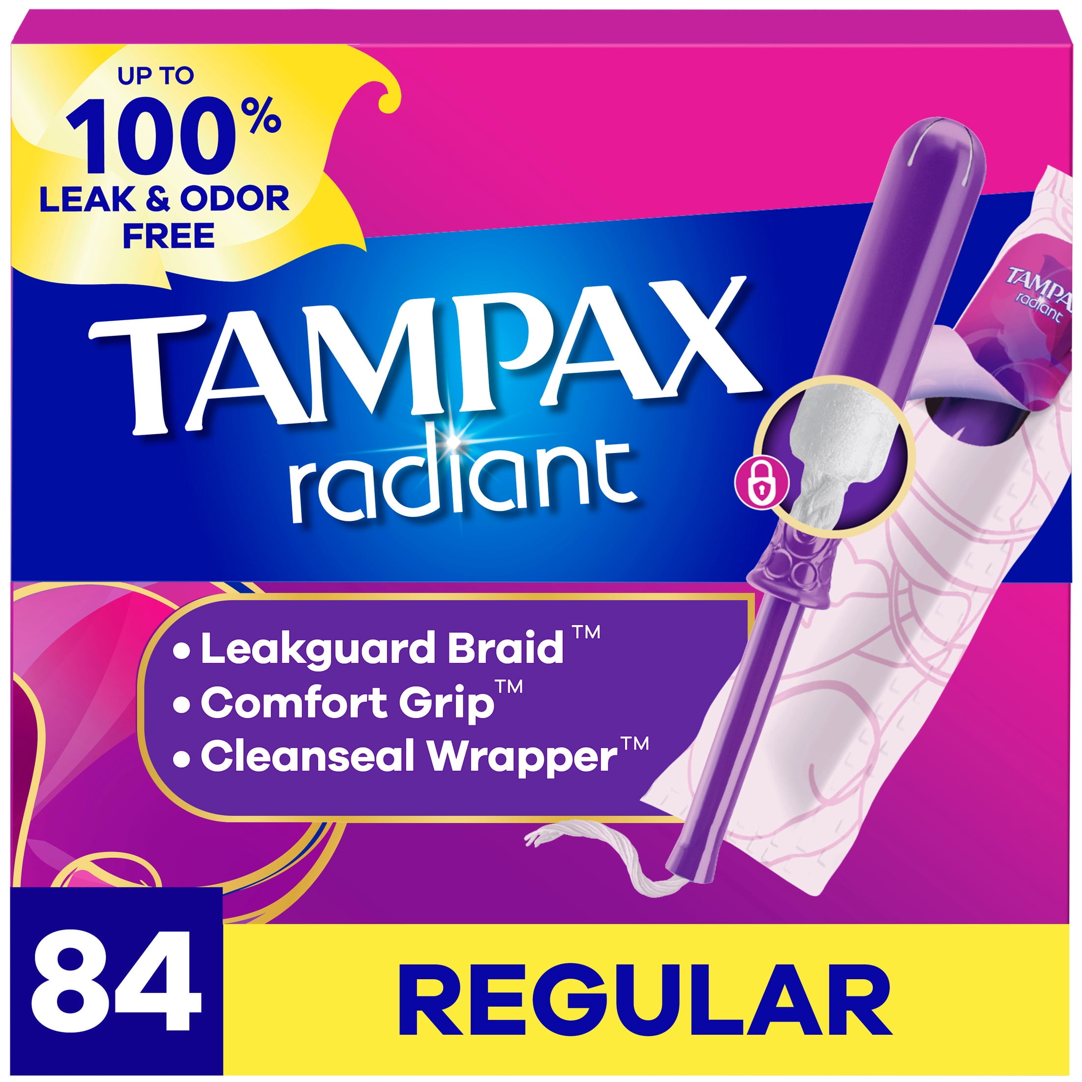 (2 pack) Tampax Radiant Tampons, with LeakGuard Braid, Regular, 84 Count