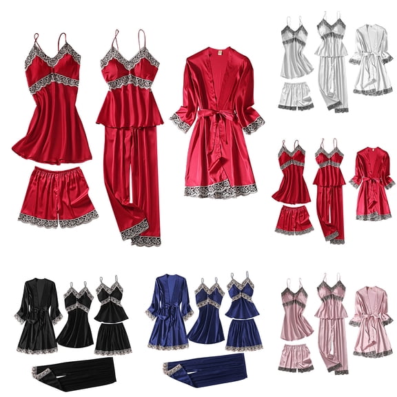 MGDXOX Silk Pajamas for Women 5Pcs Sleepwear Loungewear Satin Robe Chemise Cami Top Long Pants Shorts Pj Set Nightgown Black M