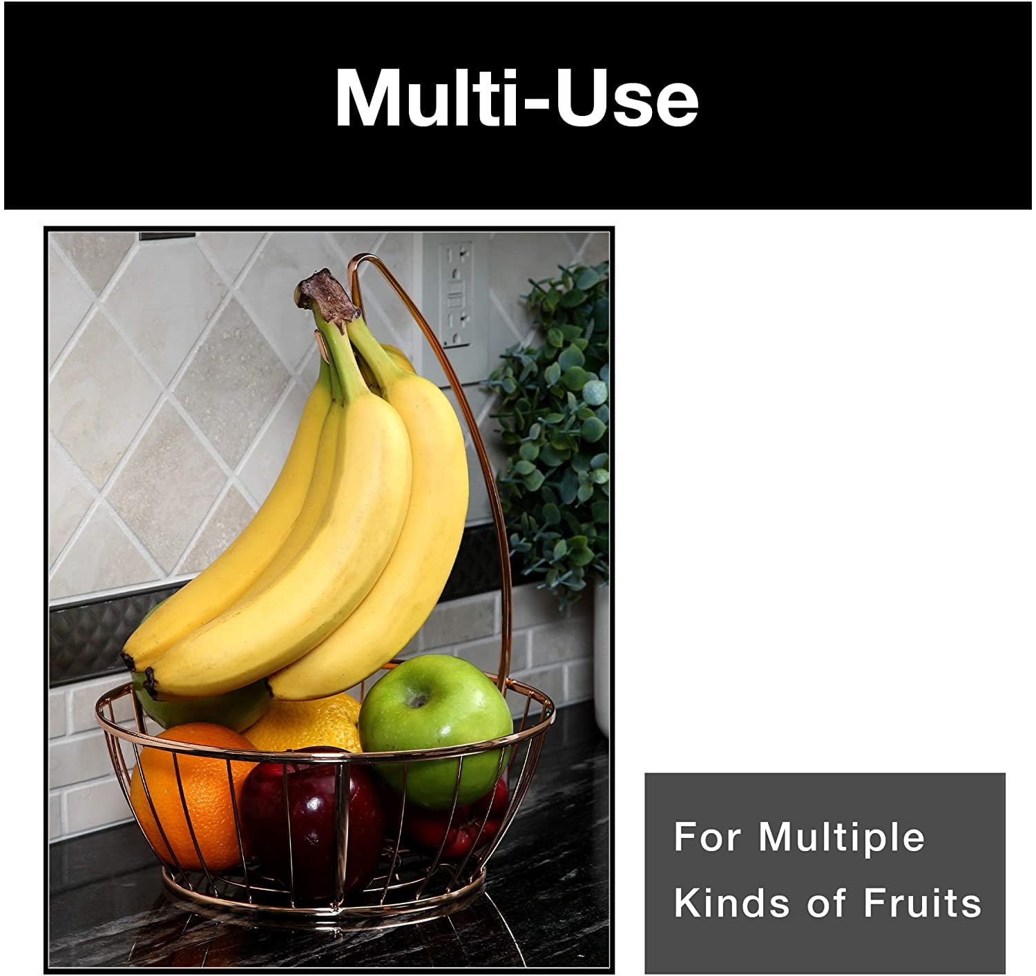 Smart Design Banana and Fruit Basket Bowl Hanger Holder Stand - Steel Metal Frame - Basket Holds 10 lbs. - Fruits, Vegetables, Food Storage and Display - Kitchen - 9.9 x 13.4 Inch - Rose Gold