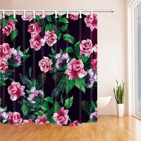 Green And Black Shower Curtain ARTJIA Summer Flowers Watercolor Pink Rose with Green Leaves for Love in Black Polyester Fabric Bath Curtain, Bathroom Shower Curtain 66x72 inches ()