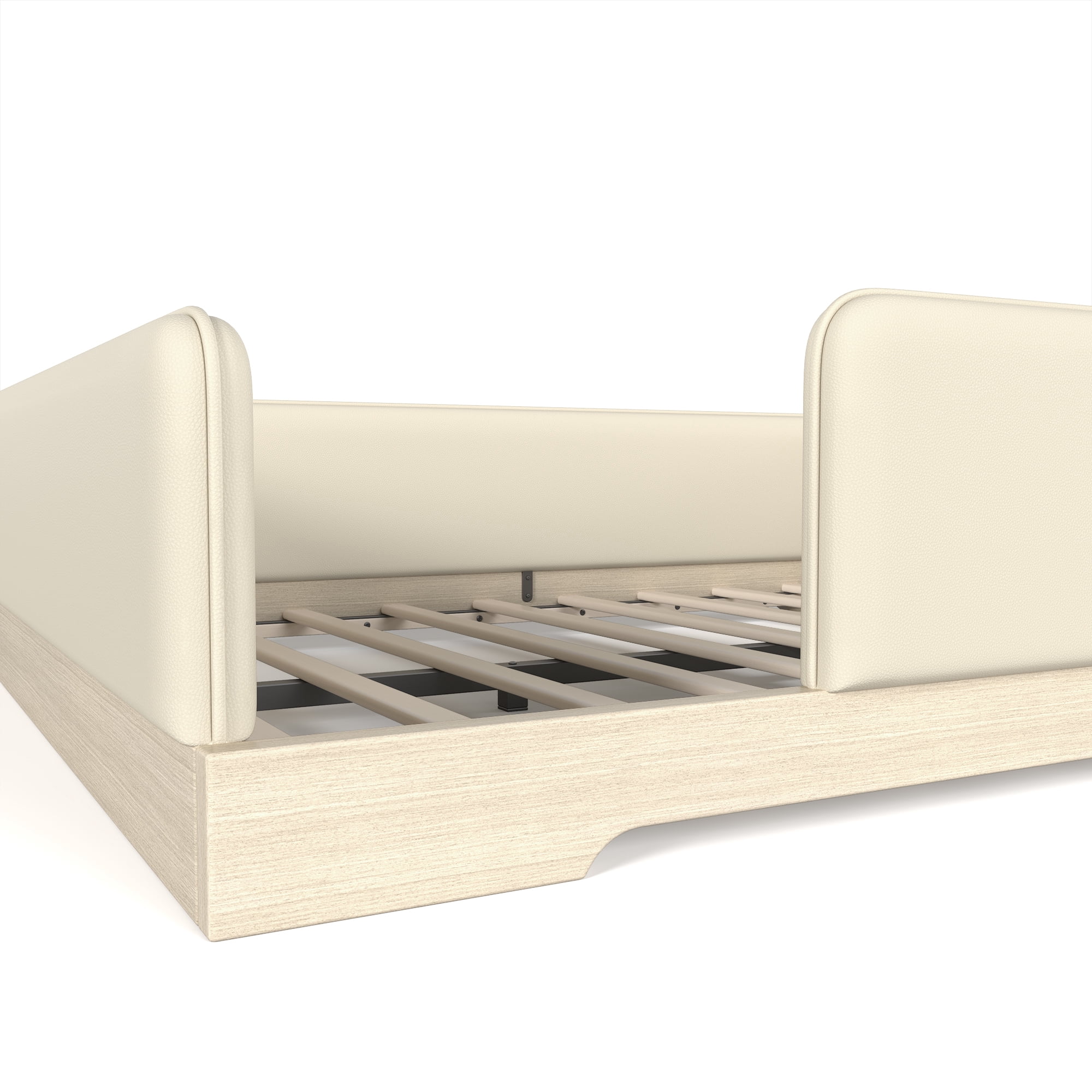 Queen Upholstered Floor Bed 82.68 Inch, Faux Leather Montessori Bed with Removable Guardrails, Low Profile Platform Bed for Kids, Beige