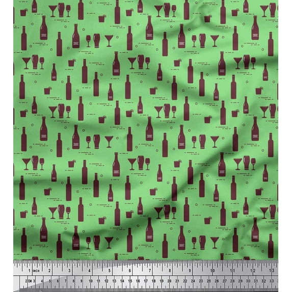 Soimoi Silk Fabric Bottle & Wine Glass Bar Print Sewing Fabric Yard 42 Inch Wide