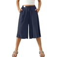 thumbnail image 6 of Wide Leg Capri Pants for Women High Waisted Drawstring Linen Palazzo Pants Pleated Loose Flowy Culottes with Pockets, S, 6 of 10