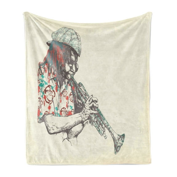 New Orleans Soft Flannel Fleece Blanket, Trumpet Player Hand Drawn Illustration of a Musician People of Color, Cozy Plush for Indoor and Outdoor Use, 50" x 70", Cream Vermilion Teal, by Ambesonne
