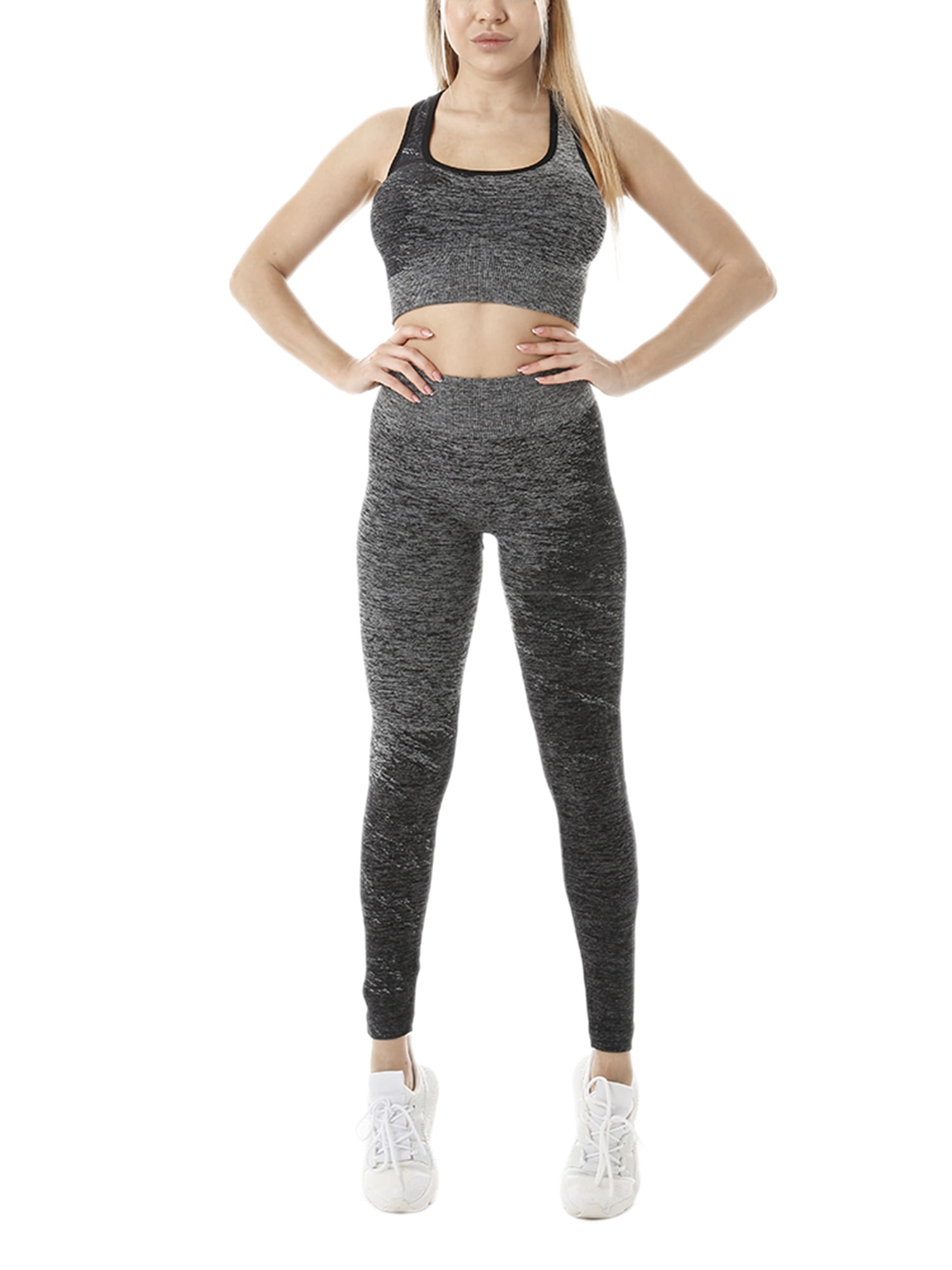 Women Sports Yoga Suit Crop Tops+Leggings Textured Pants Fitness Workout Gym
