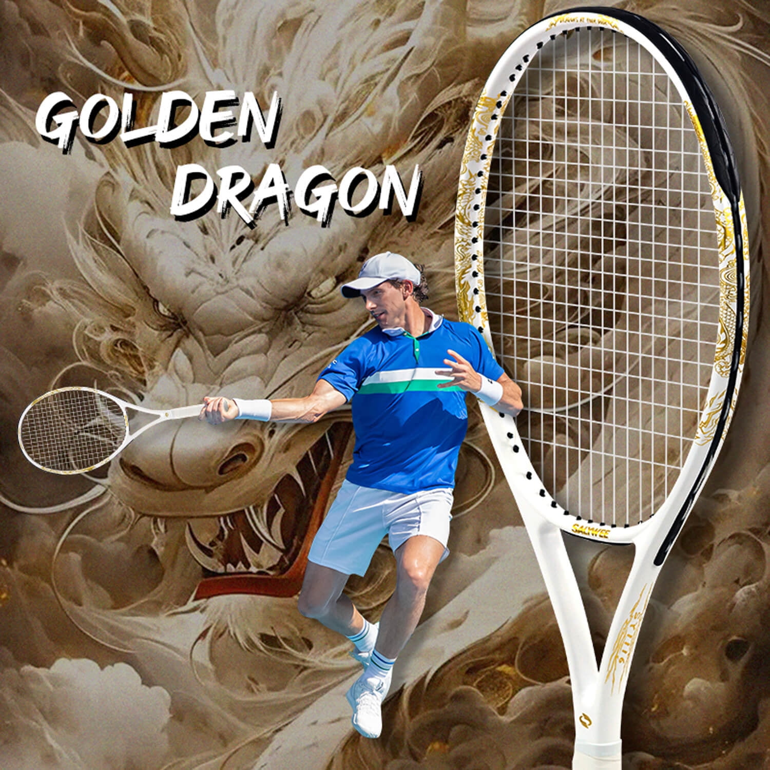 SALYWEE Golden Dragon Series Tennis Racquet, Pre-Strung, Black/White, 11.3 oz. Weight, 105 Sq. in. Racquet Head Size