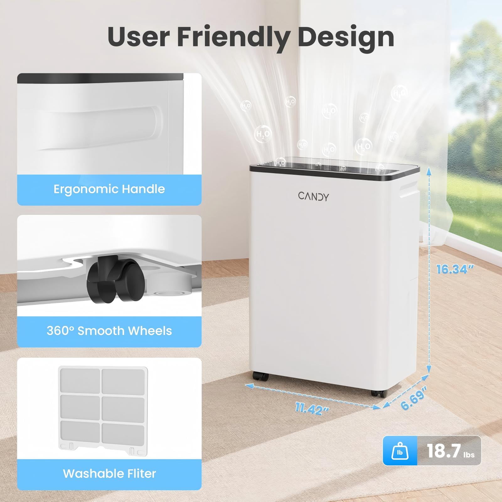 Candy® 34 Pint Dehumidifier for Home, 2000 Sq.Ft Portable Dehumidifier with Drain Hose, Auto & Continuous Mode, 0.66 Gal Tank, Smart Control for Basement Bedroom Bathroom