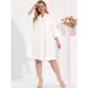 thumbnail image 2 of Vestido de mujer de talgrande con mangas enrollables por encide rodilla, informal, con cinturón, vestido camisero de mezclilblanco 3XL, 2 of 6