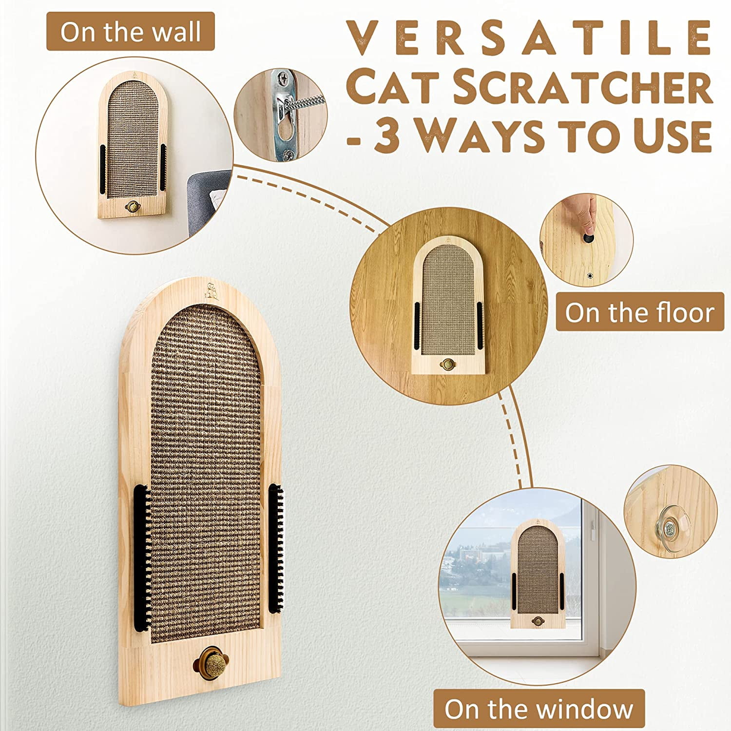 Large Wall-Mounted  Scratching Post with Natural Sisal Mat, Boar Bristle Brushes & Catnip Ball for Indoor Cats