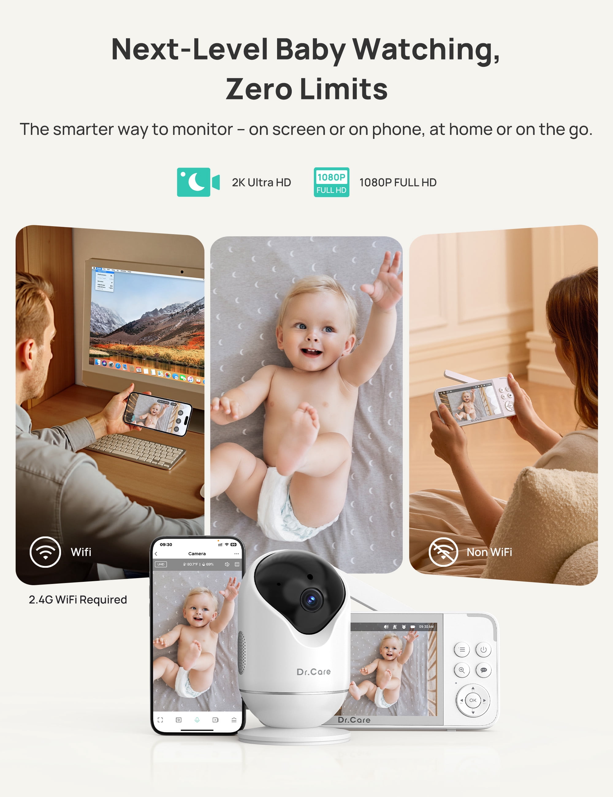 Dr.Care 5" Smart WiFi Baby Monitor with 2K HD Security Camera,APP Control, Cry & Motion Detection,Pan-Tilt-Zoom,Temp, Nightvision, 2-Way Talk