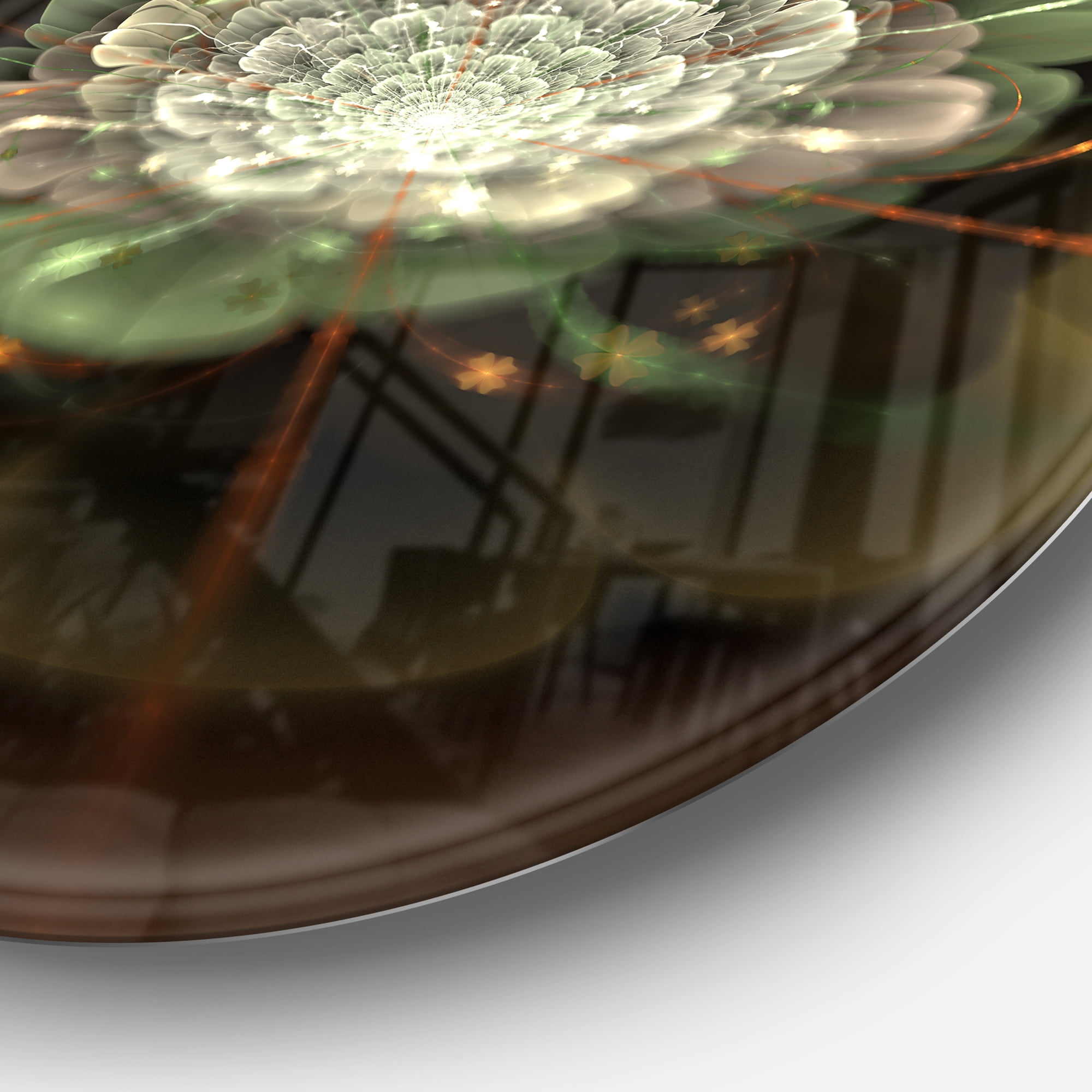 Designart 'White Fractal Flower on Brown' Disc Flower Artwork on Large Metal Circle Wall Art
