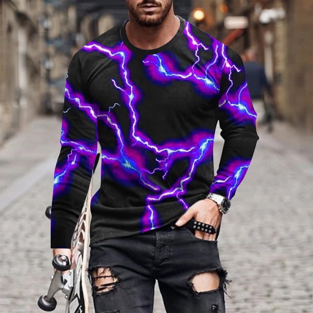 Blusas y camisas de manga larga con cuello redondo para hombre Camisa con estampado de luces Cuello redondo Manga larga Jersey Camiseta estampada Blusa para hombre Blusa