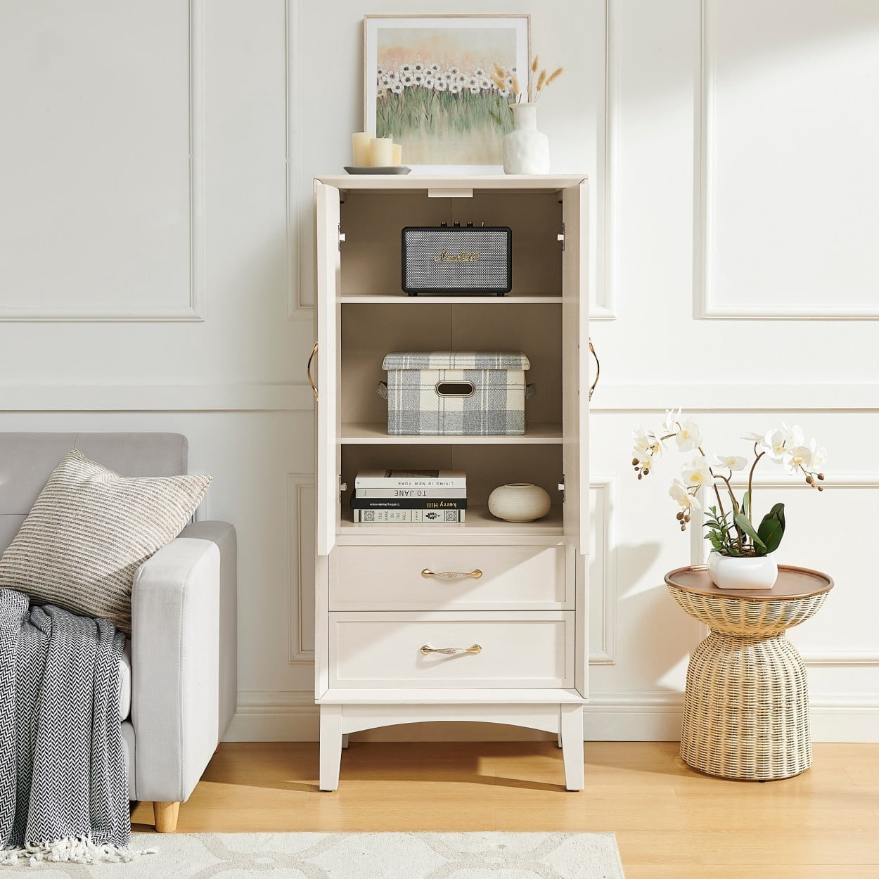53.5" Tall Kitchen Pantry Cabinet, Mid Century Modern Sideboard Buffet Cabinet with Doors and Adjustable Shelves, Retro Storage Cabinet for Entryway Living Room Kitchen, Antique White