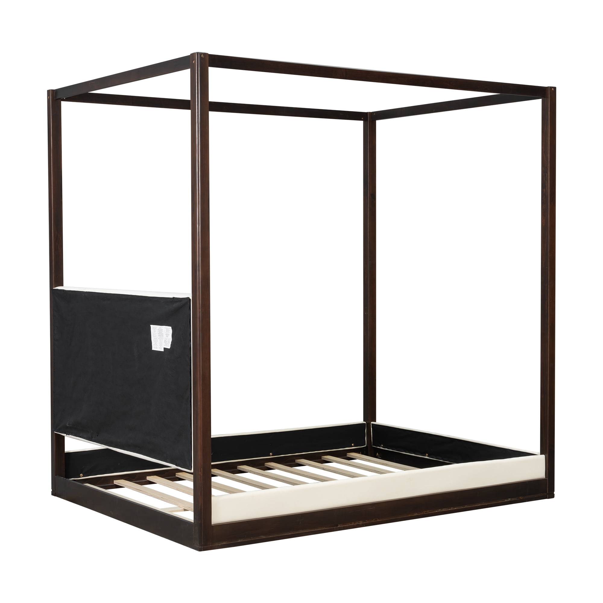 Euroco Wood Queen Size Canopy Bed with Upholstery Headboard, Espresso