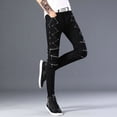 thumbnail image 5 of Men's Black Skinny Jeans with Zip & Eyelet Punk Style Pants, 5 of 7