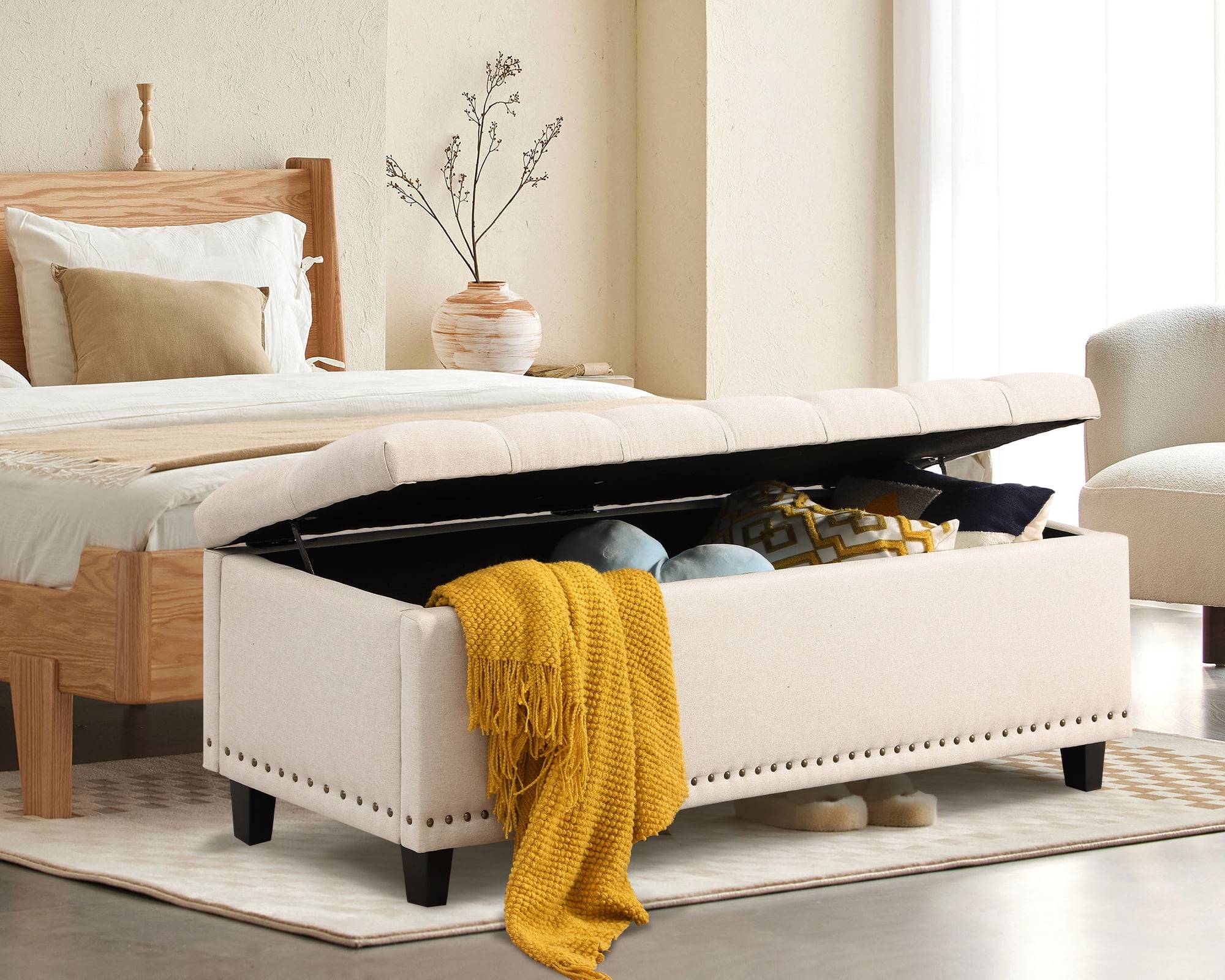 Haverchair 51" Ottoman Storage Benches, 30 Gallons End of Bed Storage Bench, Large Rectangular Storage Ottoman, Button-Tufted Ottoman with Storage for Living Room Bedroom, Foot of Bed (Beige)