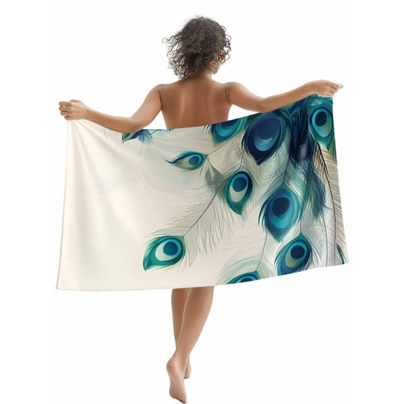 Teal Turquoise Peacock Print Beach Towels Blanket Soft & Absorbent Quick Dry Microfiber Cream Color Pool Towels for Swimming ,Yoga, Sports, Gym, Camping,Large 30X60in,
