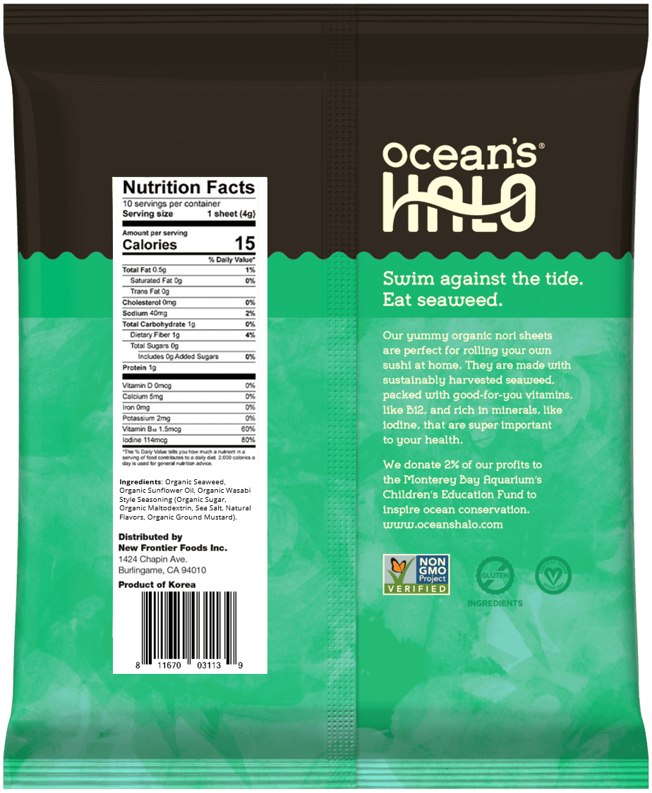 (2 pack) Ocean's Halo, Wasabi Sushi Nori Seaweed Sheets, Organic, Vegan, Shelf-Stable, Perfect Paper for Wraps, 10 per Pack, 1.4 oz.