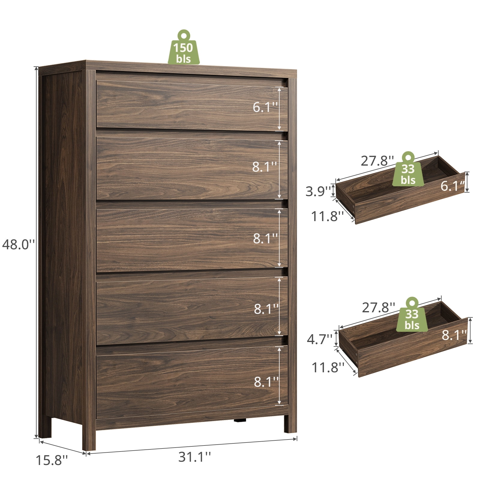 5 Drawer Dresser for Bedroom, 48" Tall Wooden Closet Dresser with Smooth Drawer, Large Tall Dressers & Chests of Drawers for Bedroom Living Room, Walnut Dresser