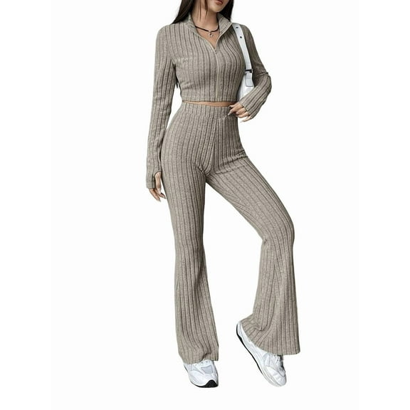 Women'S 2 Piece Pants Sets Long Sleeve Zip Short Top Pants Sexy- Slim Lounge Tracksuit Outfits Khaki S