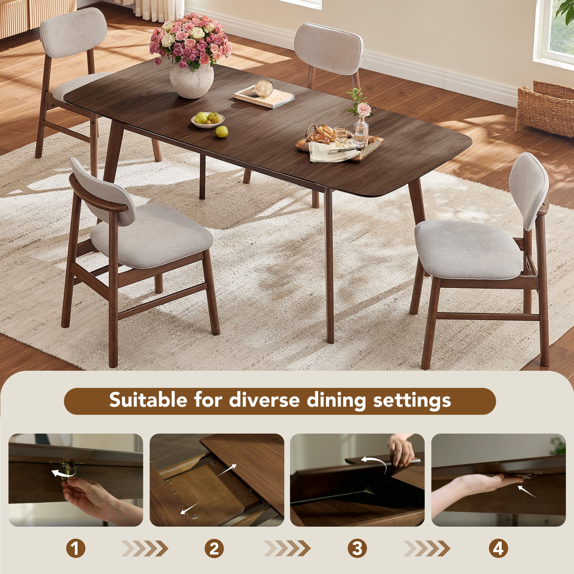 Spruce & Spring Modern Extendable Dining Table Set with Solid Rubberwood Tapered Legs, Scratch-Resistant Walnut/Oak Veneer Space-Saving Kitchen Table with Child-Safe Rounded Corners,Walnut