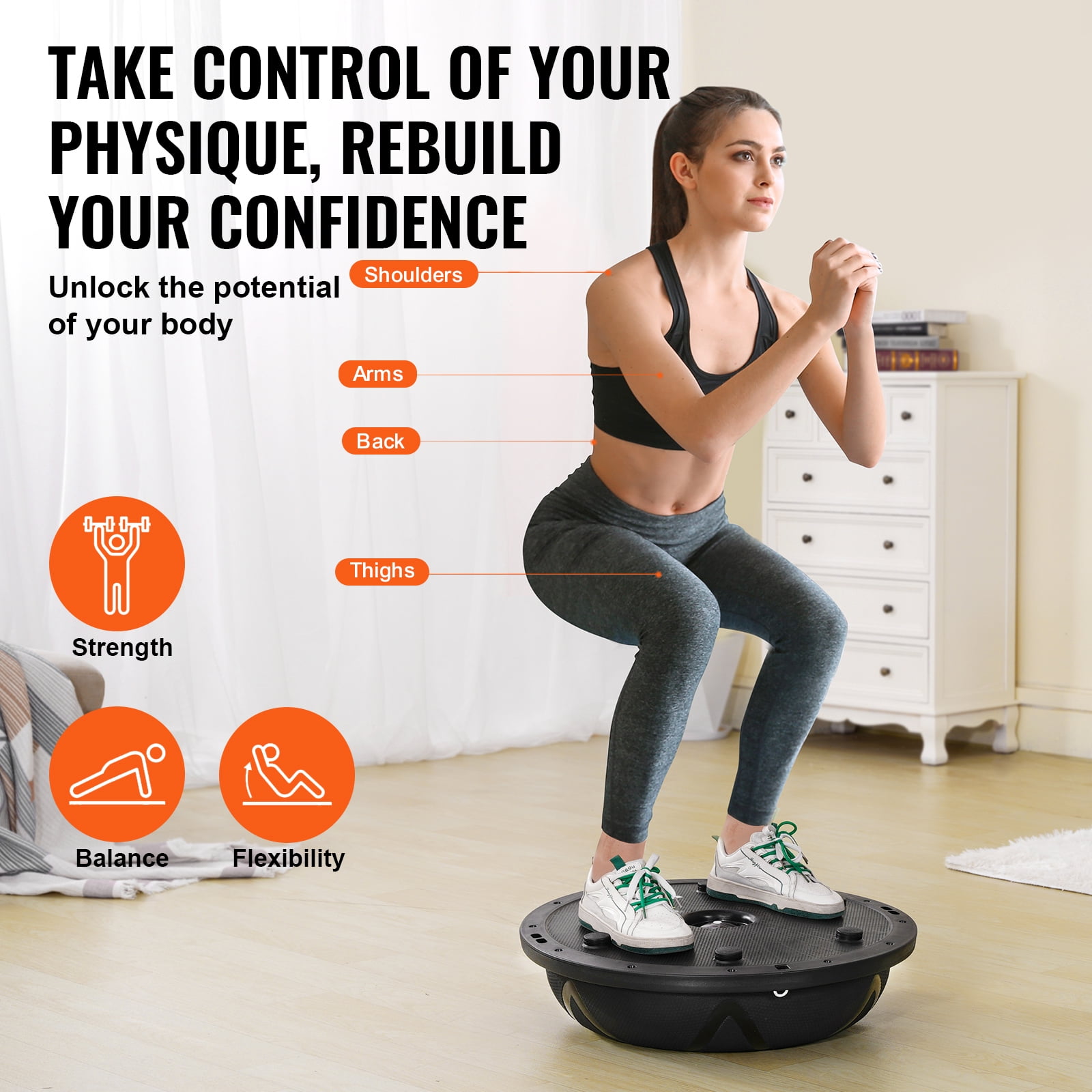 KFFKFF Semi Workout Sphere, 23-inch Equilibrium Sphere, 660 lbs Load-Bearing Fitness Orb, Yoga Sphere with Resistance Straps and Inflator, Robust Fitness Sphere for Domestic Gym