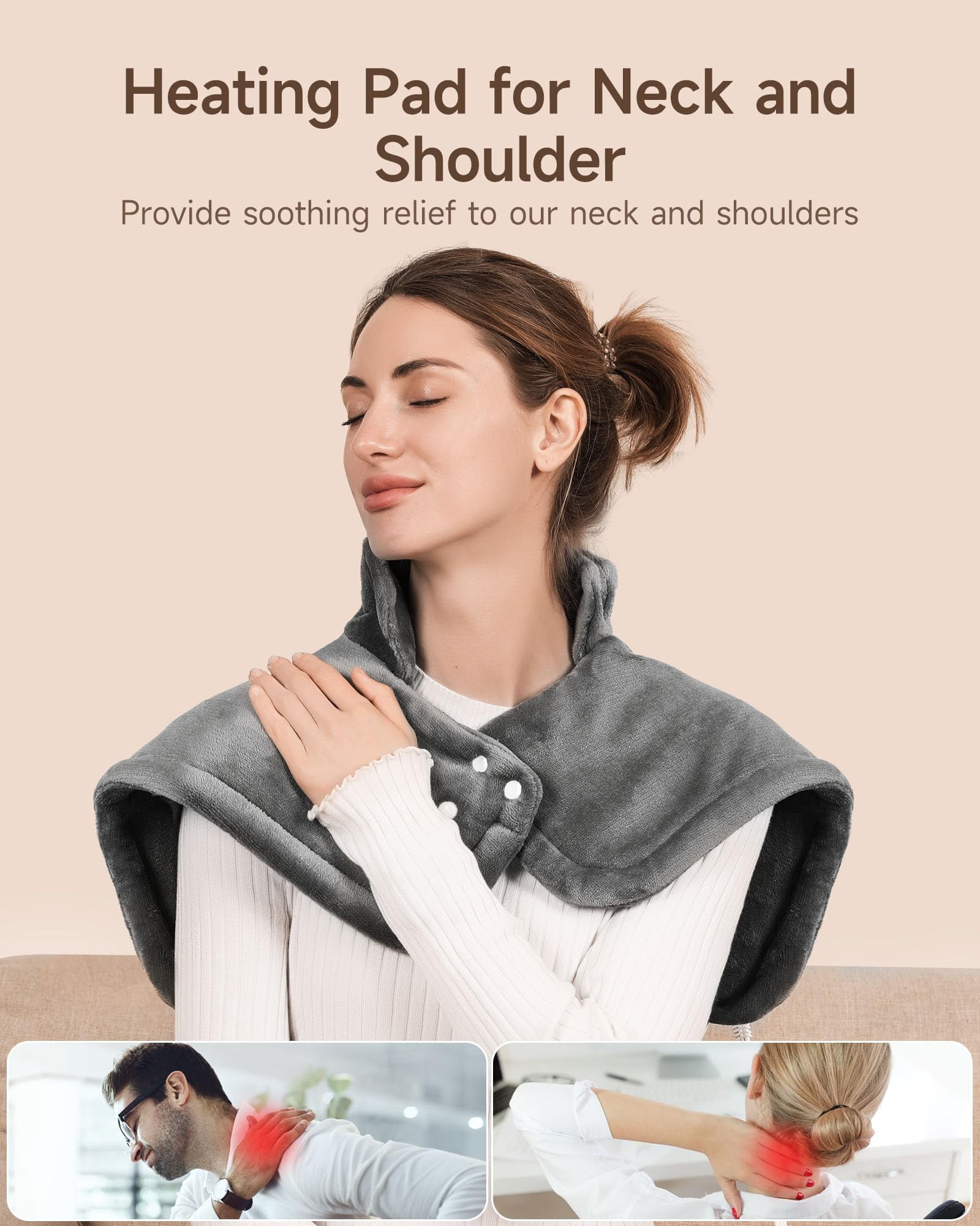 Heating Pad for Neck and Shoulders Pain Relief Cramps ALLJOY, 25"x18" Skin-Friendly Heated Neck Wrap 3 Fast Heat Setting with Auto Shut Off for Home and Office, Machine Washable, Gray