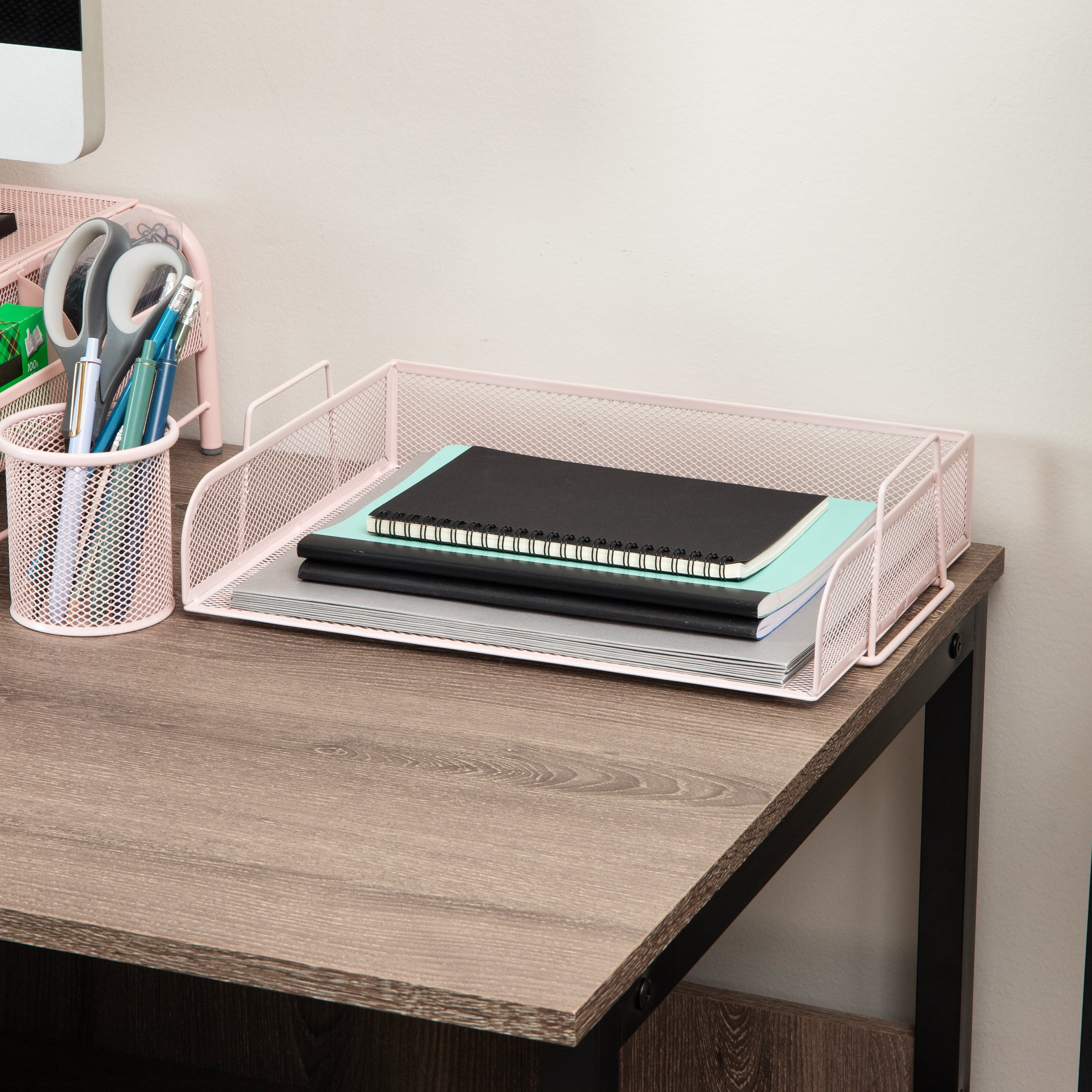 Mind Reader Stackable Paper Tray, Desktop Organizer, File Storage, Office, Metal, 4 Pcs., Pink