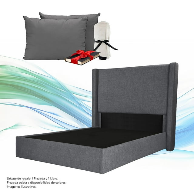 Box Base cama Matrimonial + Cabecera Planx Gris Carbón + Almohada 2Pack + Frazada