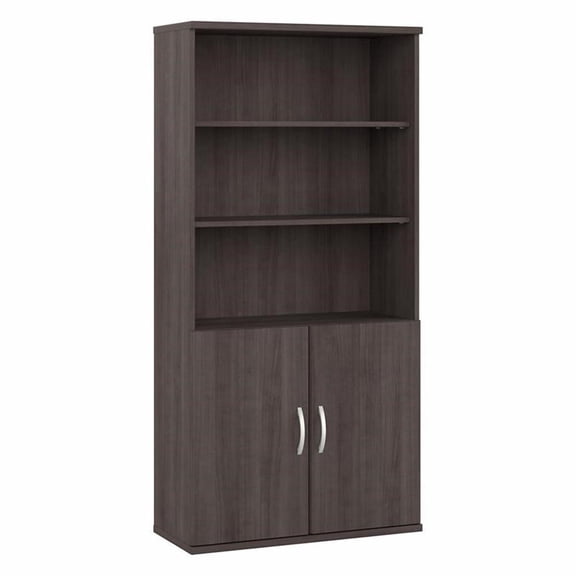 Pemberly Row Tall 5 Shelf Bookcase with Doors in Storm Gray - Engineered Wood