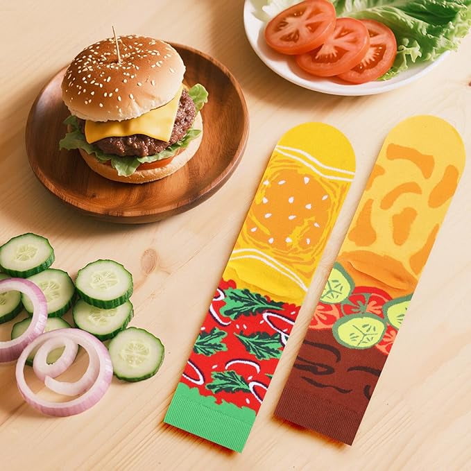 Funny Burger Socks Box for Men Dad Women Teen Boys -Funny Gifts Hamburger Novelty Funky Crazy Silly Cool Food Socks -Fathers Valentines Day Birthday Gag Christmas Gift Ideas Stocking Stuffers