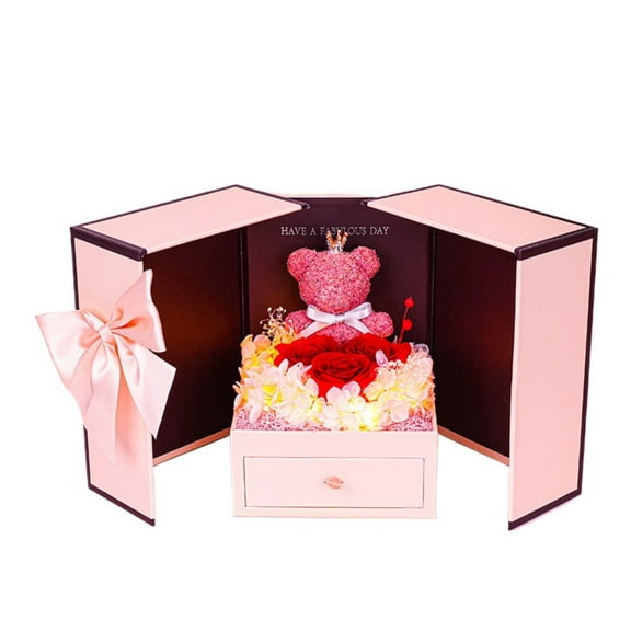 Preserved Rose Bear Gift Box with Double Doors, Eternal Rose Flower Display with Drawer Jewelry Box, Romantic Valentine’s Day Anniversary Birthday Gift for Her Home Decor