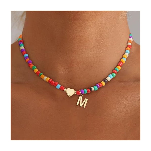 Gargantilla de cuentas para mujer, collar de cuentas de colores, collar con colgante inicial, gargantilla con inicial de corazón, regalo de cumpleaños para niñas, esposas y novias.