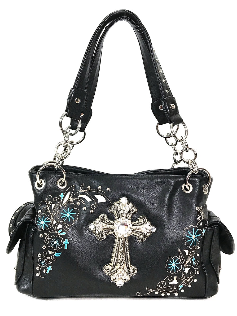 Zzfab Rhinestone Cross Embroidered Floral Western Handbag Black