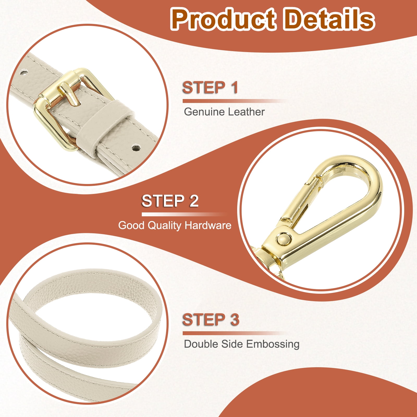1" Genuine Leather Purse Strap for Bag (Cream White, Gold Buckle)