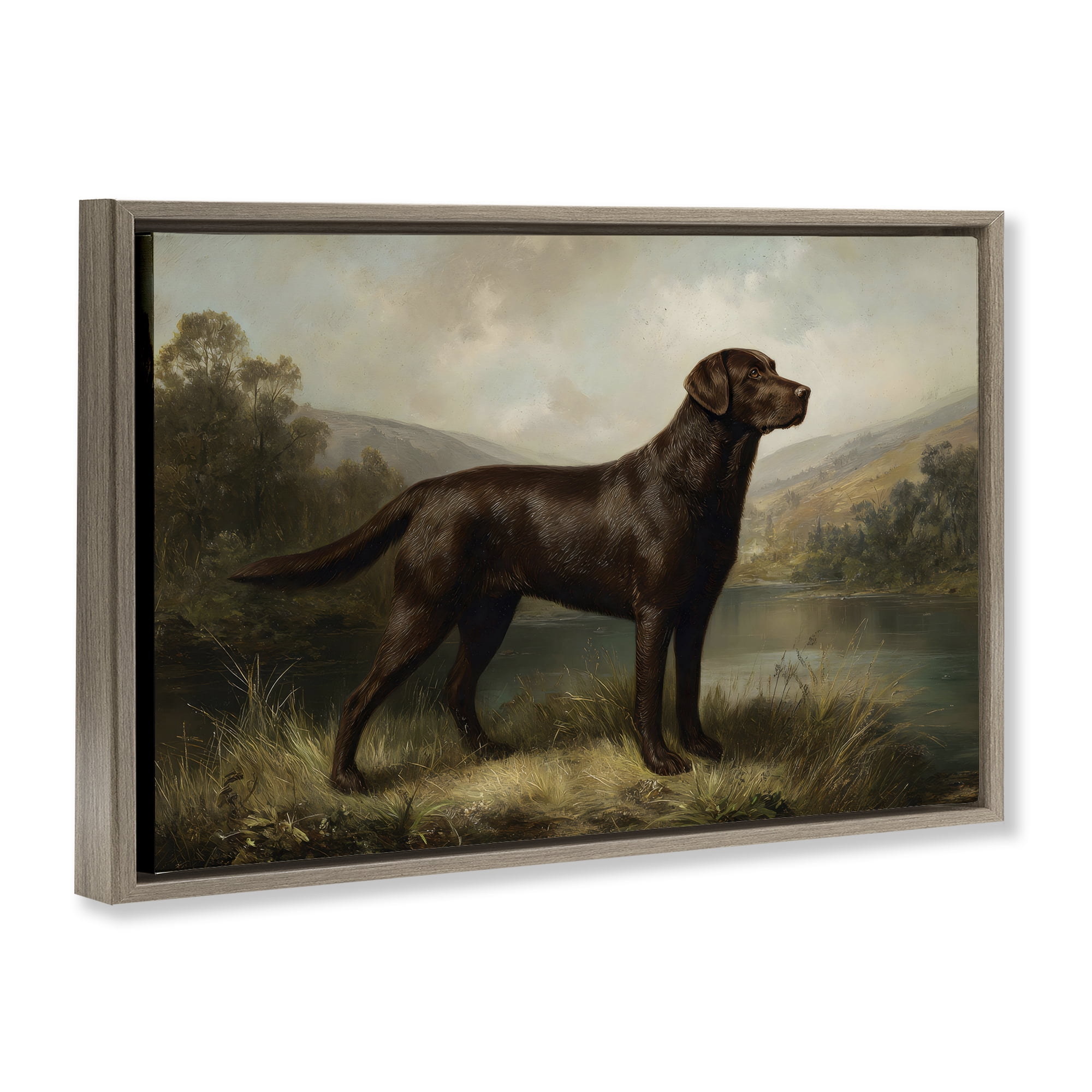 Stupell Industries On Alert Hunting Dog Brown Framed Floater Canvas Wall Art, design by Petal Prints Design
