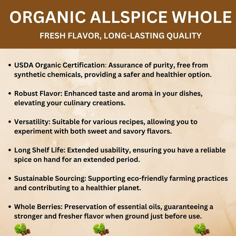 Organic Allspice Whole Berries- Certified USDA Organic- Allspice Seasoning for Baking, Marinades, Pickling, Stews, Sauces, and Beverages, Size: 8 oz.