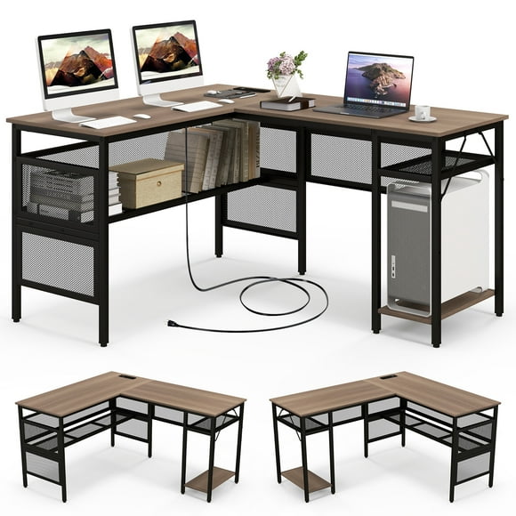 Giantex L Shaped Desk w/Power Outlets & USB Ports, Reversible Corner Computer Desk, 2 Person Gaming Table
