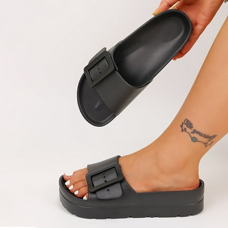 

Comfortable Womens Adjustable Buckle Slippers - Soft EVA Insole Open Toe Flat Heel Slip-on Design Solid Color Indoor & Outdoor Use Beach Slides for Relaxation