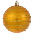 thumbnail image 1 of Vickerman 3" Honey Gold Candy Finish Ball with Glitter Lines. Add some sparkle to your holiday decorating project with this candy finish ornament that features a glitter line pattern. Includes 6 piece, 1 of 1