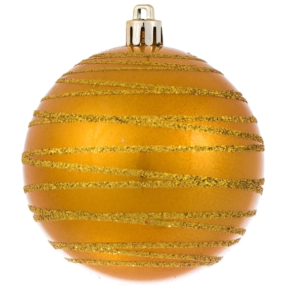 Vickerman 3" Honey Gold Candy Finish Ball with Glitter Lines. Add some sparkle to your holiday decorating project with this candy finish ornament that features a glitter line pattern. Includes 6 piece