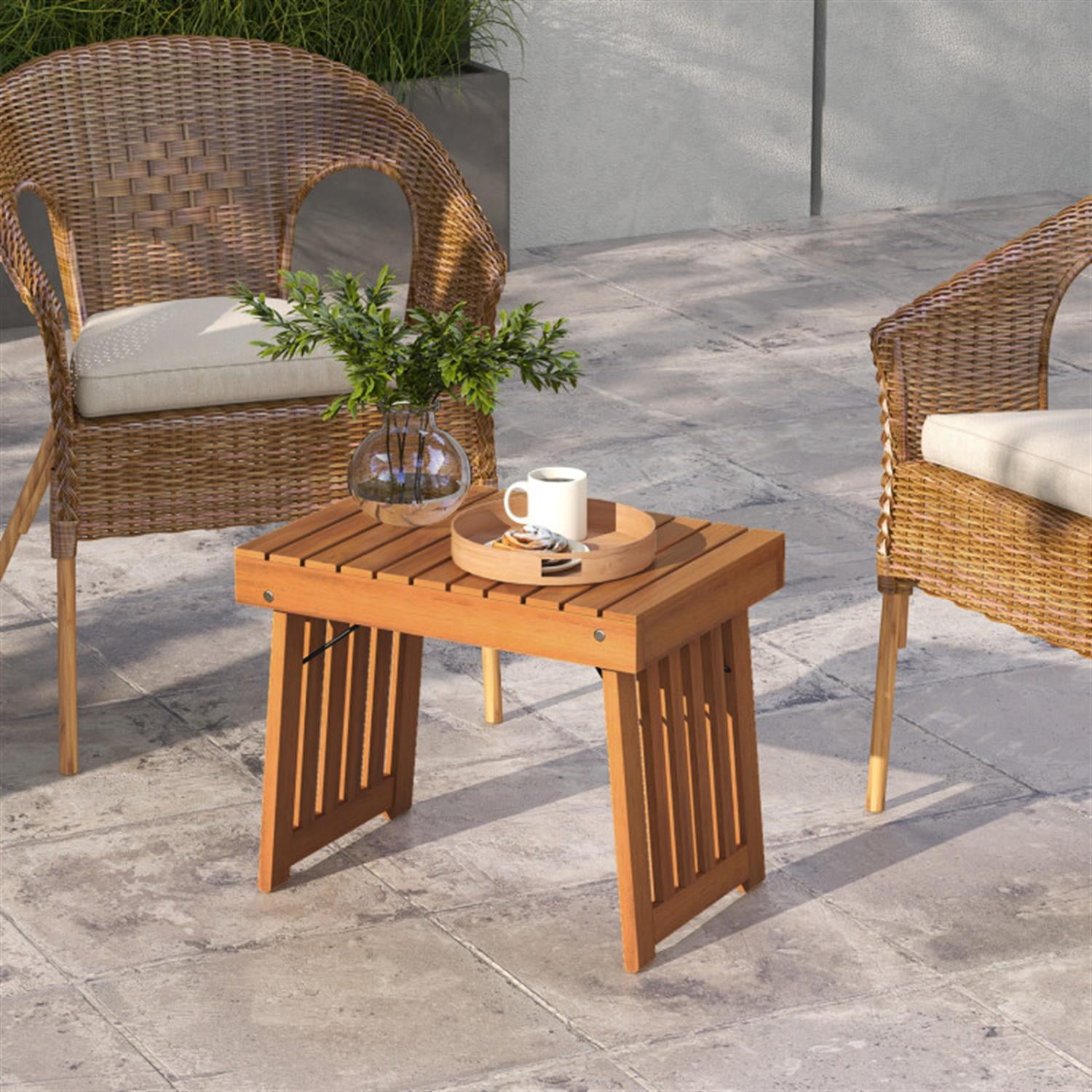Demi Bonn Outdoor Patio Foldable Side Table with Slatted Tabletop for Backyard, Portable End Table, Beige