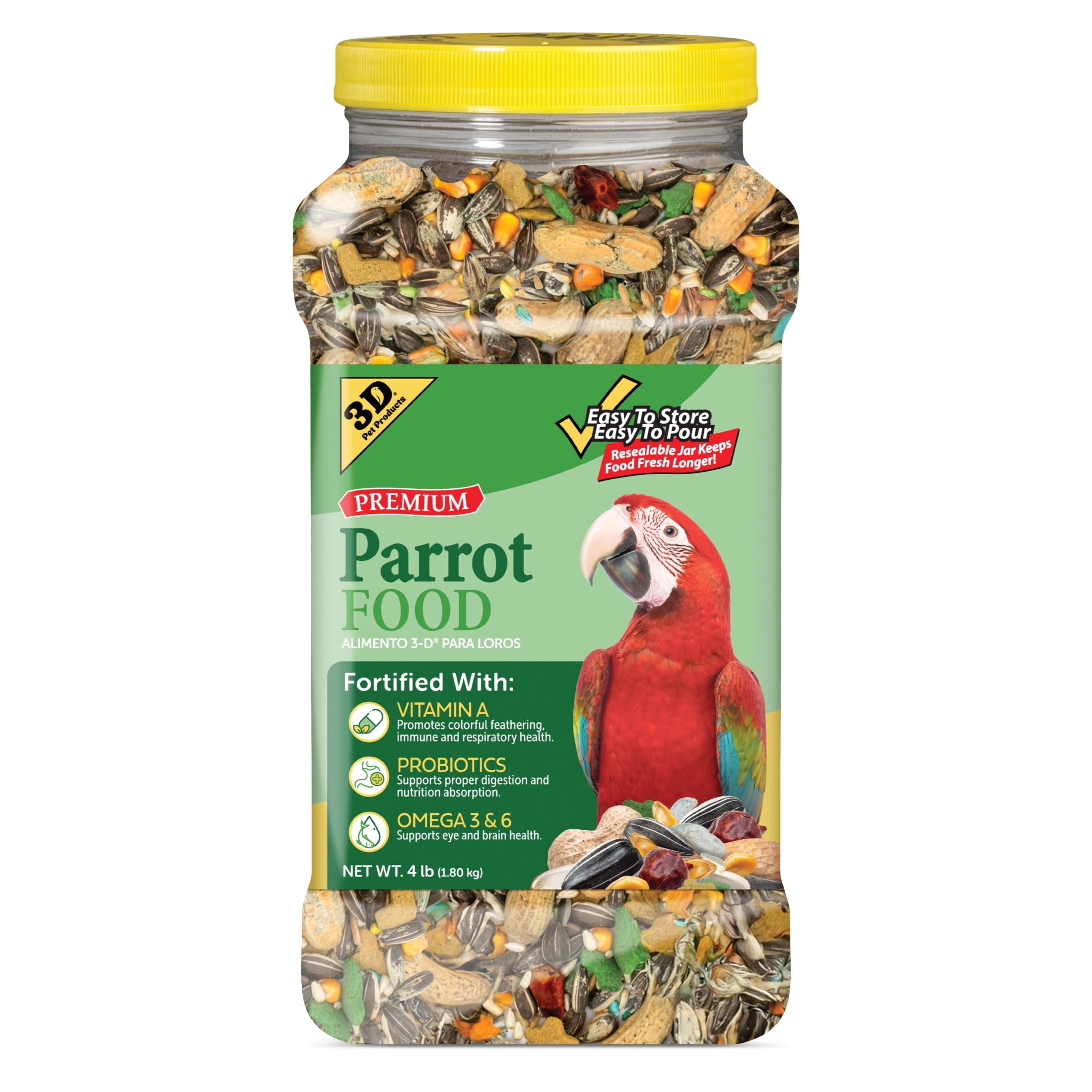 (4 pack) 3-D Pet Products Premium Parrot Bird Food, Seeds, 4 lb. Stay Fresh Jar