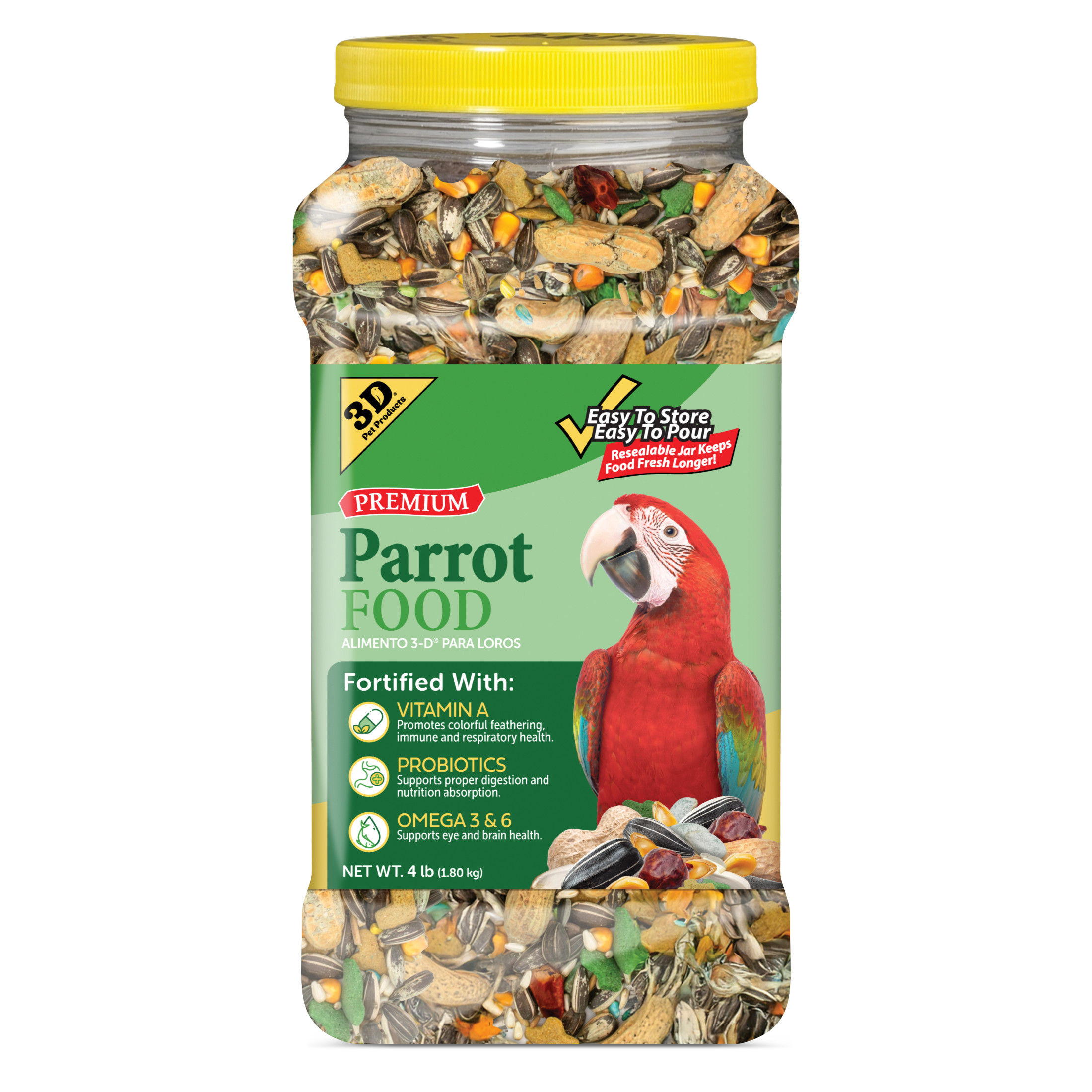 3-D Pet Products Premium Parrot Bird Food, Seeds, 4 lb. Stay Fresh Jar